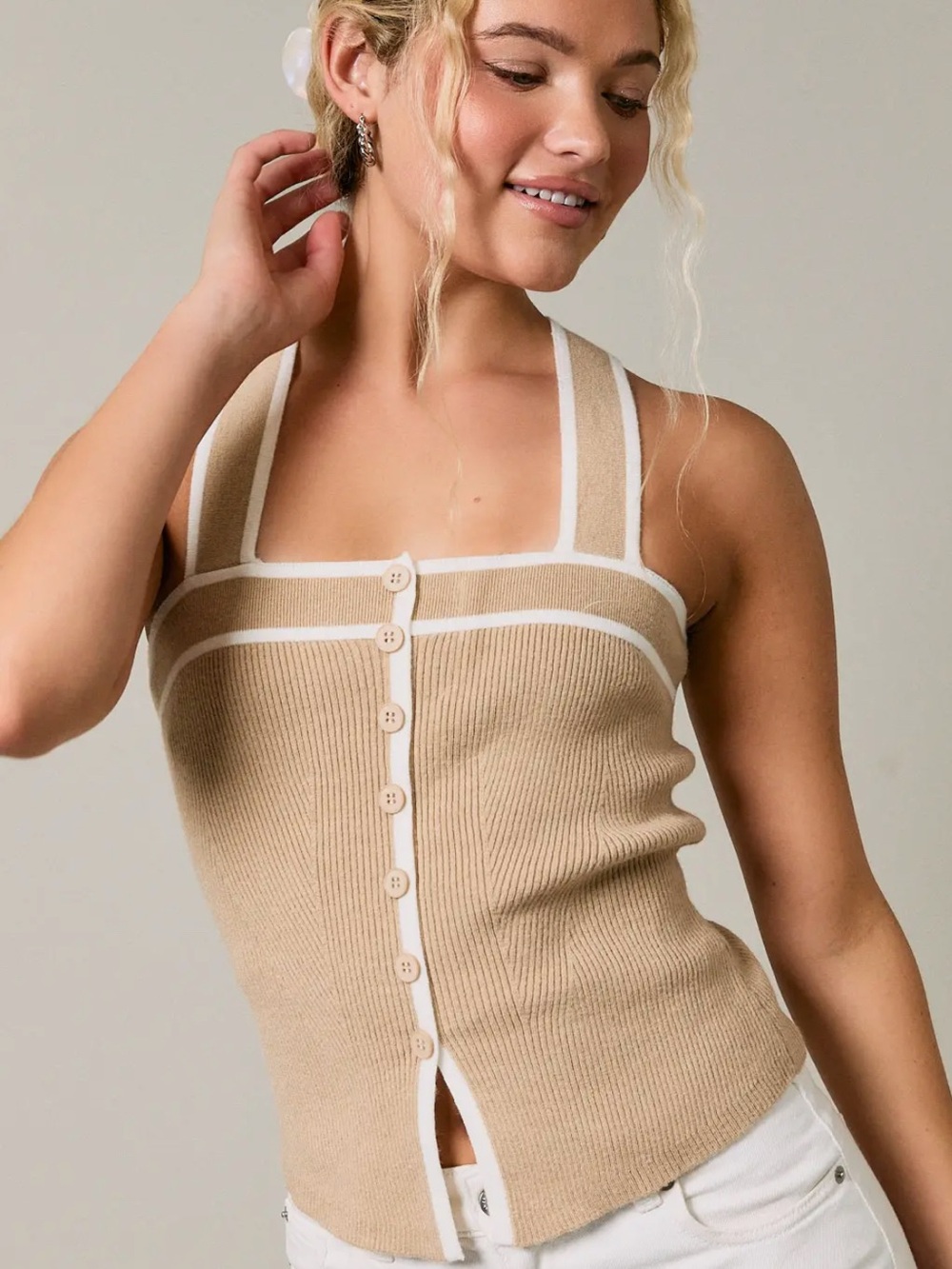 Ribbed Button-Front Knit Tank - Beige